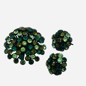 Vintage Green Rhinestone Atomic Age Brooch Earring Set